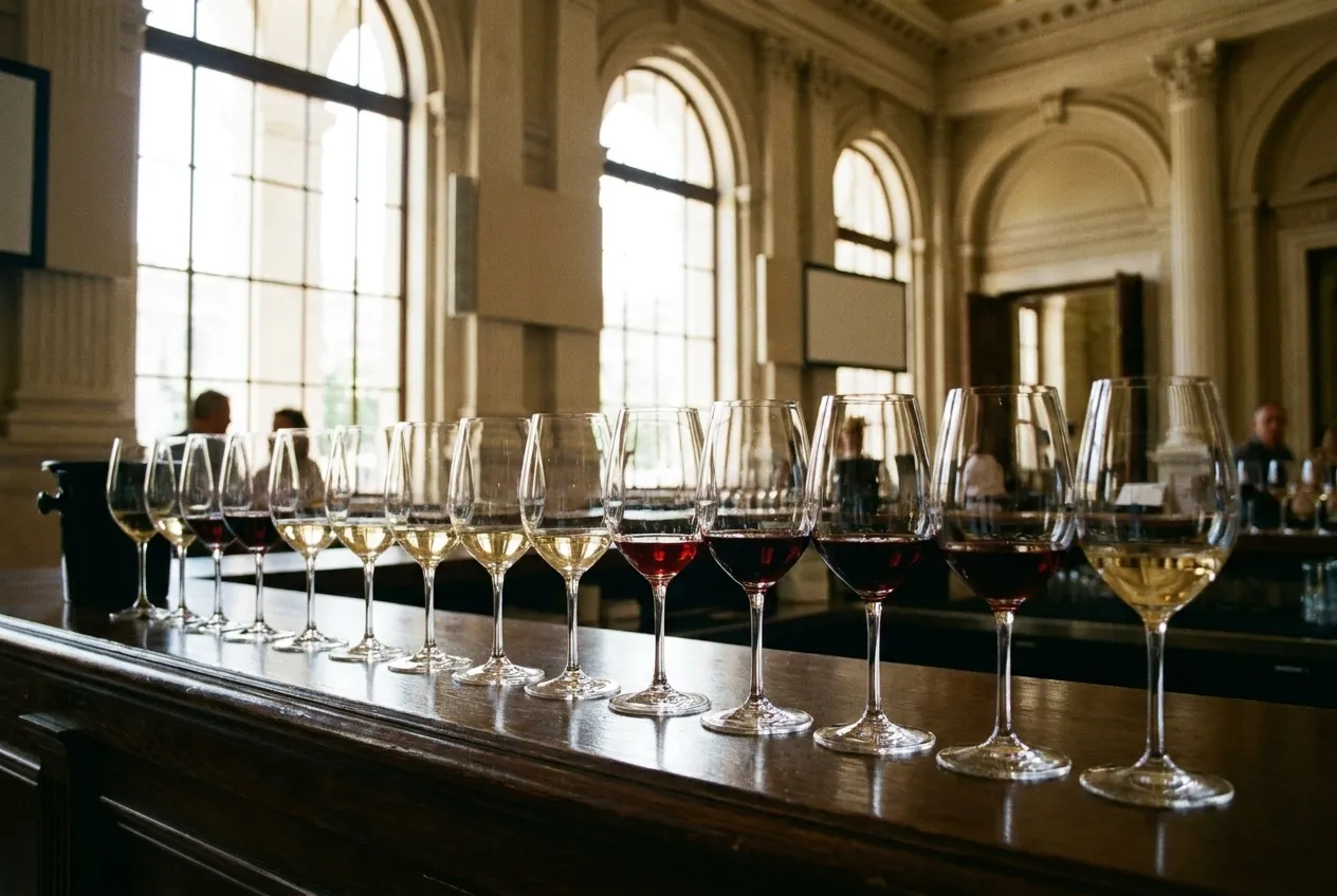 A row of wine glasses with small measures in each standing on a dark counter, backlit so the colour differences read clearly