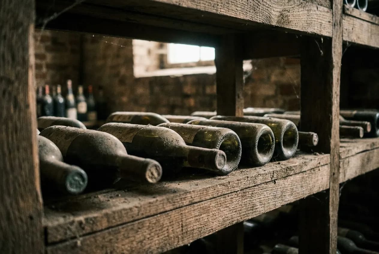 Bottles lying on their sides in a wooden rack, labels turned away, the wood grain and dust visible under low light