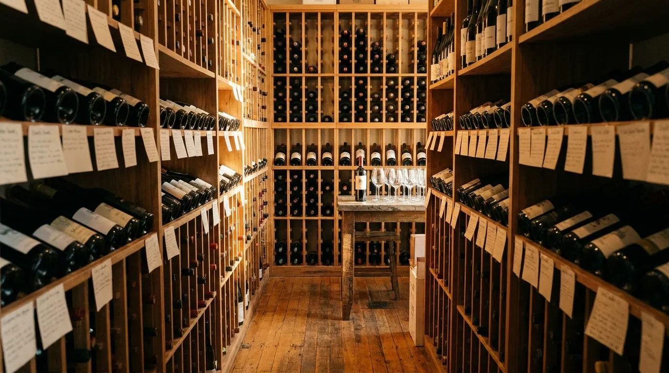 Floor-to-ceiling wooden wine shelving in a narrow shop, bottles laid on their sides under warm lighting with a small tasting table at the end of the aisle