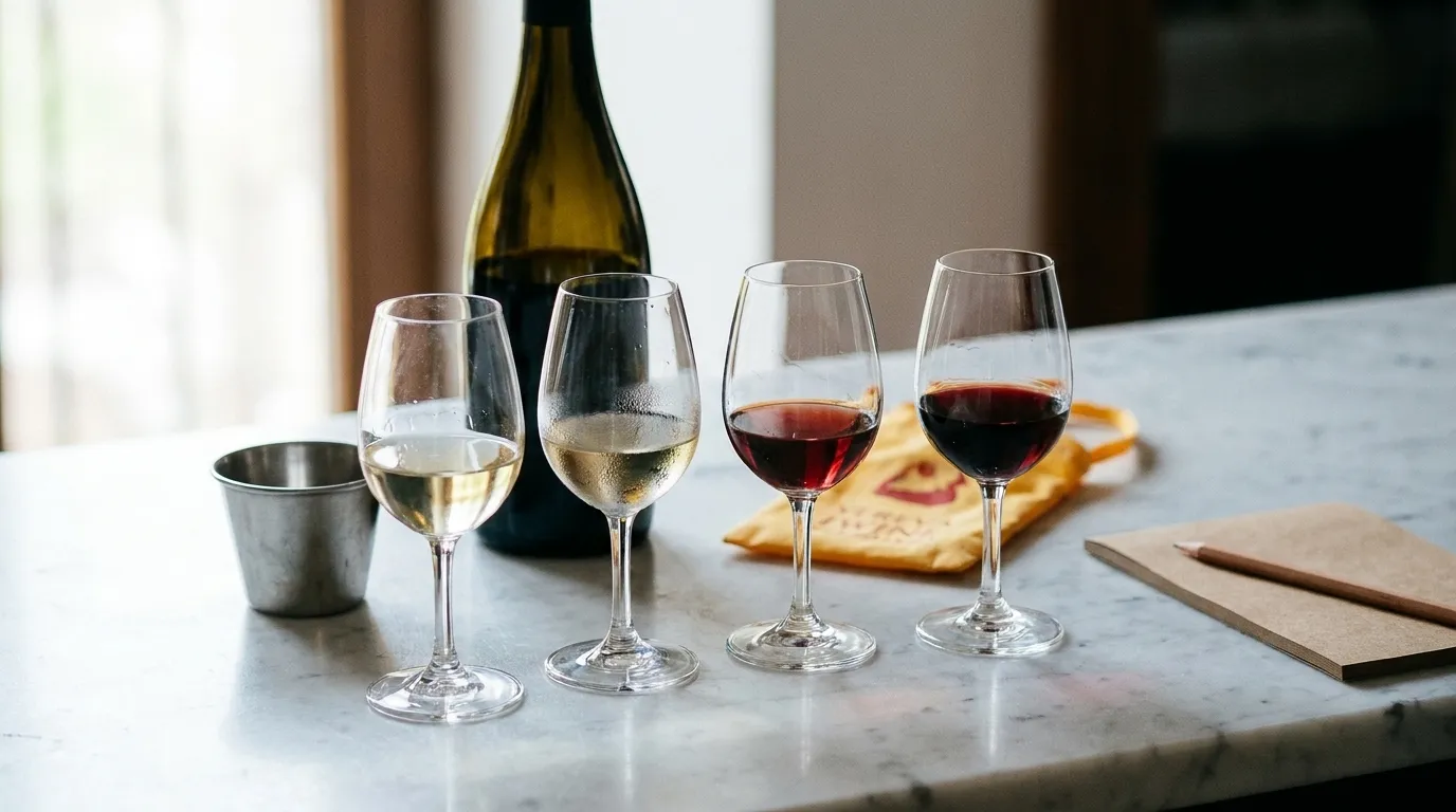 Four small pours lined up on a marble counter beside an open bottle and a spit cup, with a notepad and pencil at the edge of the frame