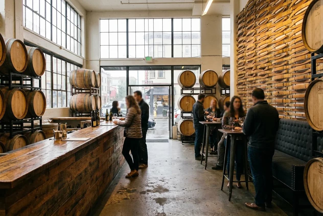 A tasting room built among stacked oak barrels with a counter along one side, high windows letting light onto the concrete floor