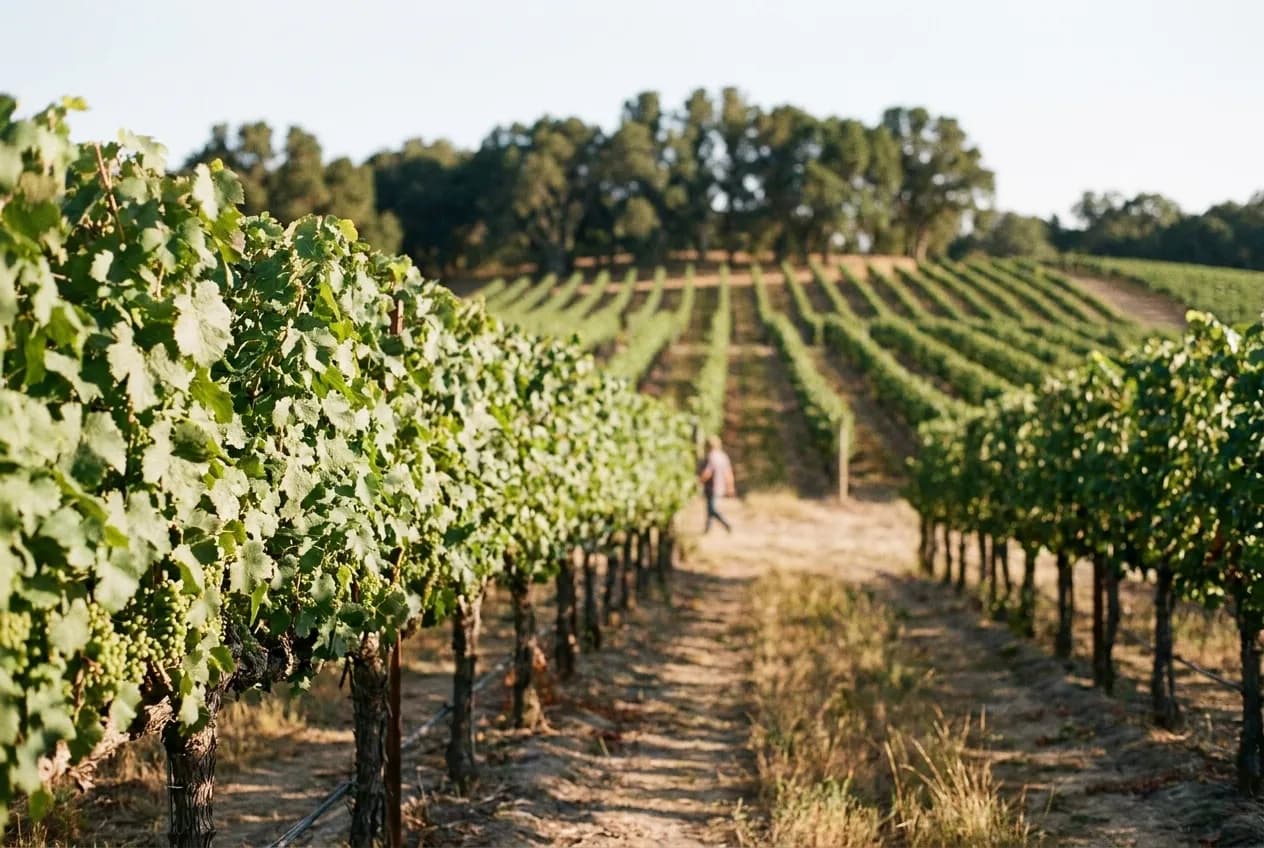 Rows of trained vines running across low hills under clear light, the rows converging toward a stand of trees on the ridge