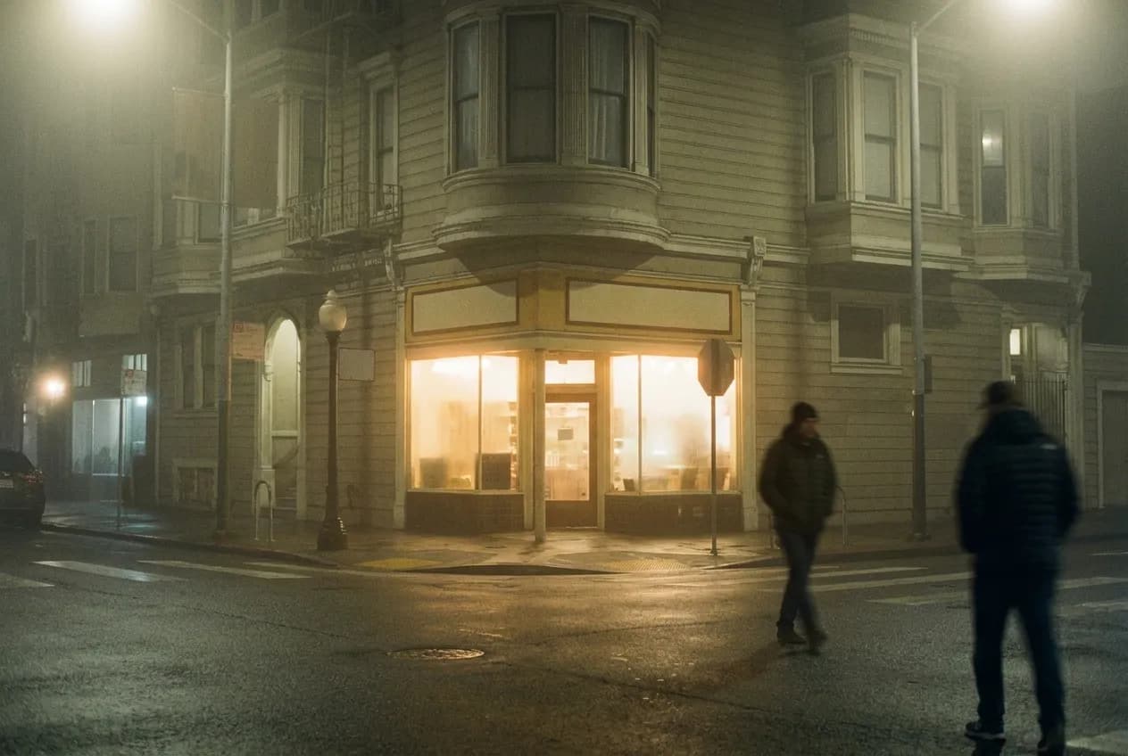 A low residential street in thick evening fog with a single lit shopfront and the light diffusing into a halo above the pavement