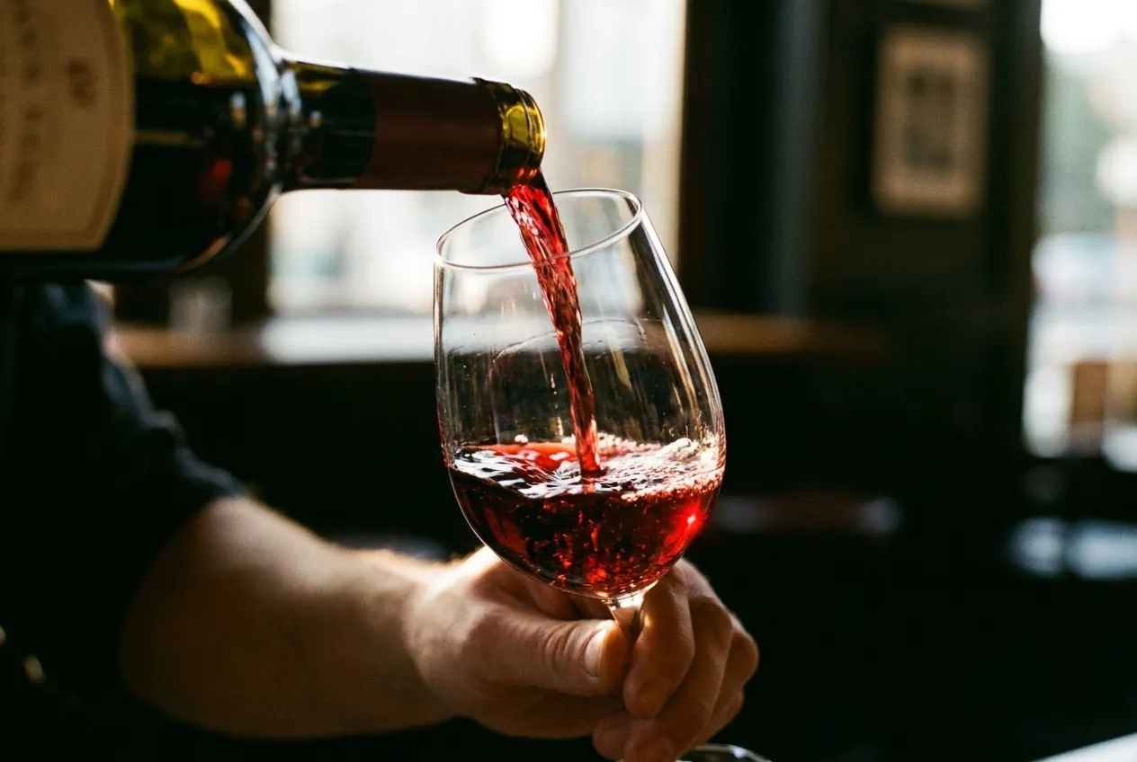 Wine being poured into a glass, the stream catching the light and the bowl of the glass in sharp focus against a dark background