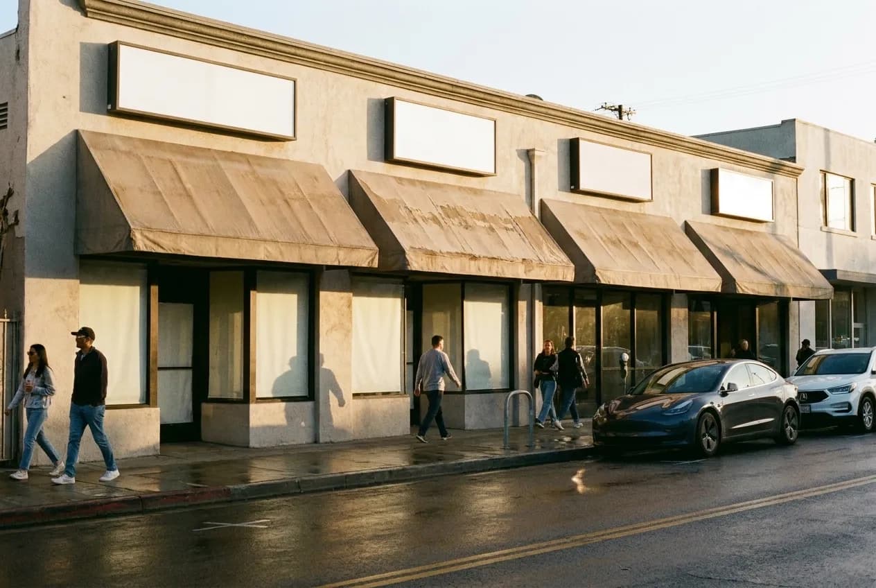 A village shopfront in Los Angeles with awnings and evening light on the pavement