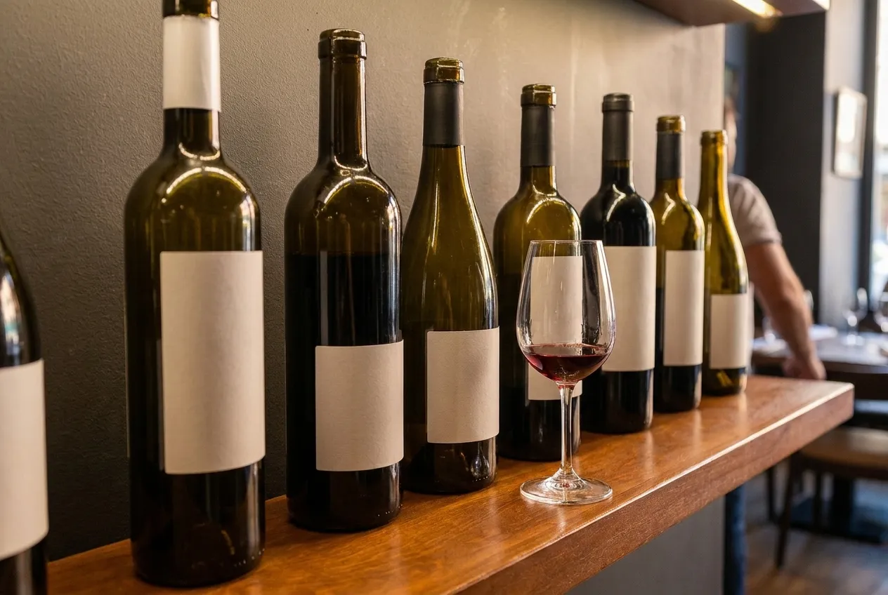 A row of wine bottles on a wooden shelf beside a tasting glass