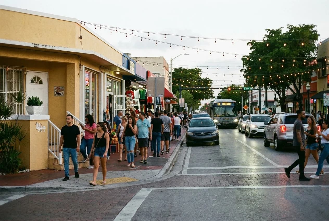Calle Ocho street view during Viernes Culturales with pedestrians and storefronts