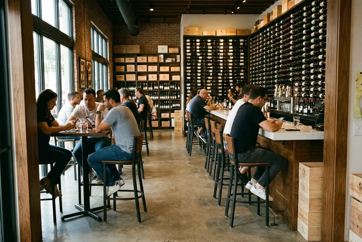Wine bottles stacked on shelves behind bar counter at Happy Wine Calle Ocho with high-top seating