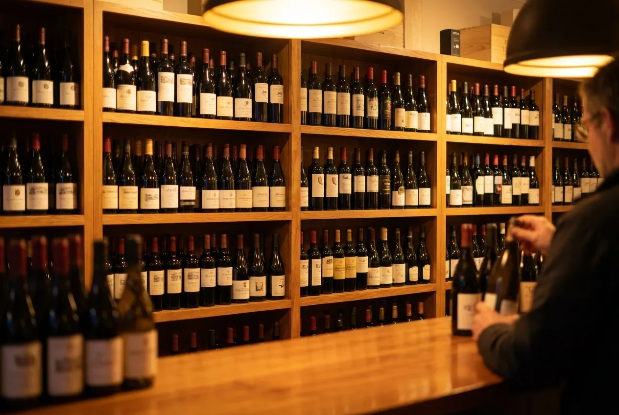 Shelves of wine bottles in a small neighbourhood bottle shop lit by warm interior light