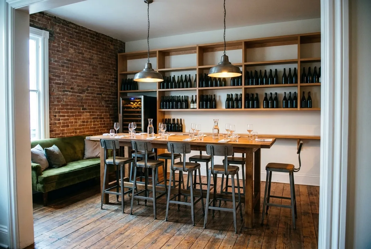 Back room of a San Francisco wine bar set for a group, long high communal table with stools, green velvet banquette and shelves of bottles under low pendant lamps