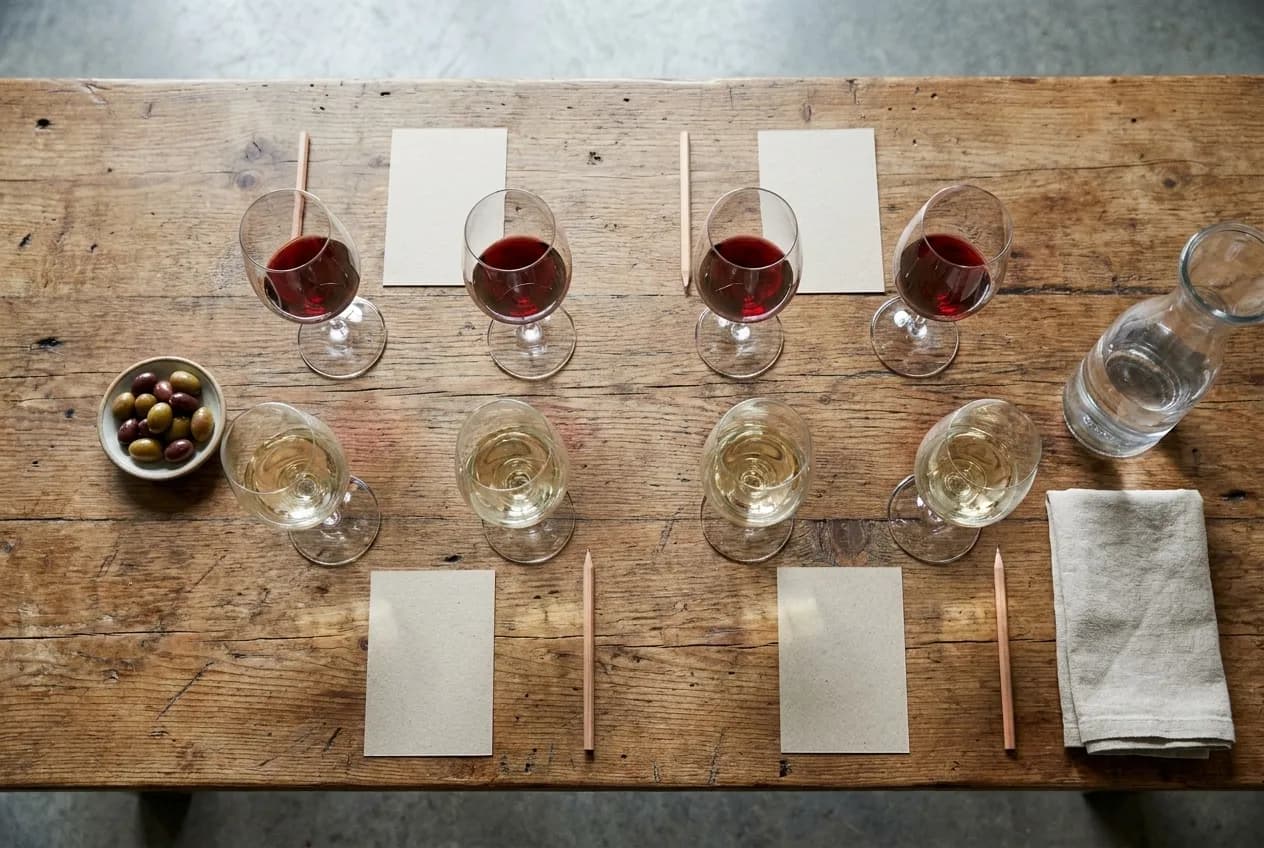Overhead view of eight wine glasses poured for a group tasting on a reclaimed wood table with tasting cards, olives and a water carafe