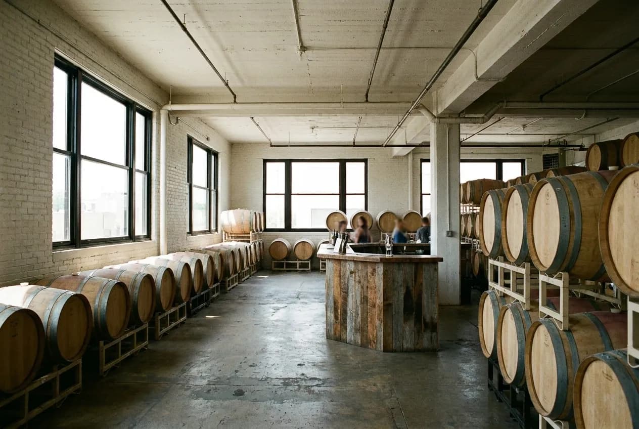 A warehouse interior with stacked wine barrels and a tasting counter