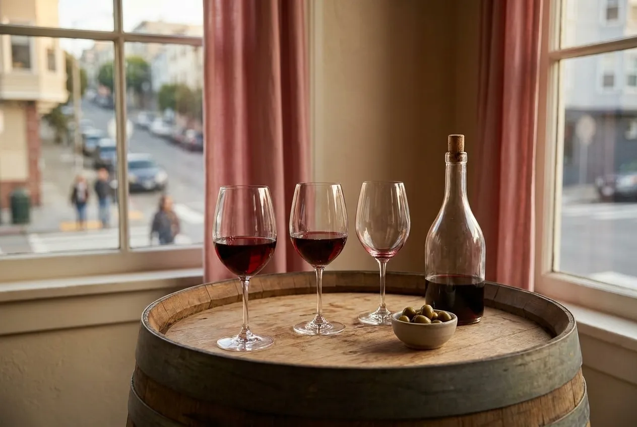 Three glasses of wine lined up on a barrel head