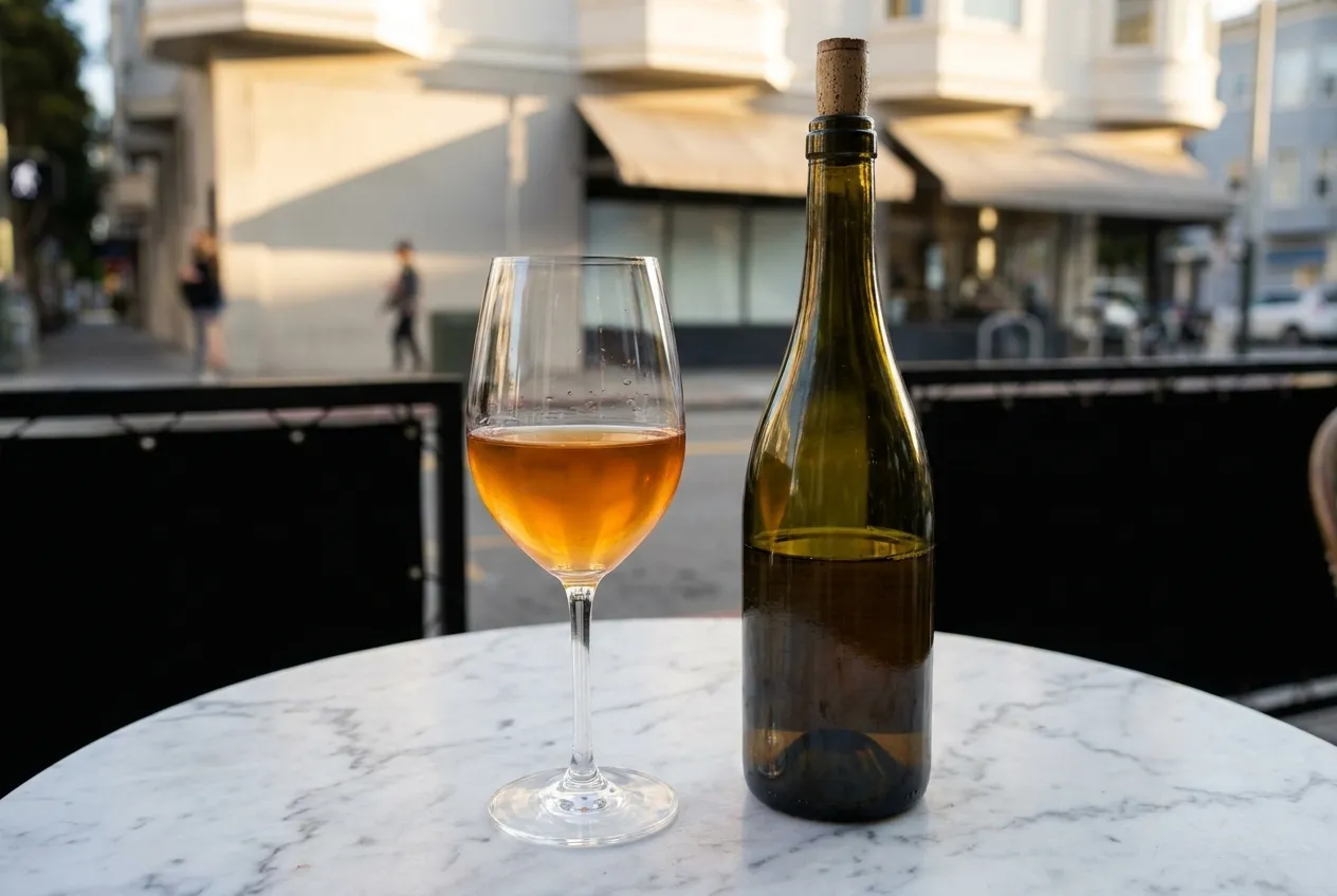A glass of orange wine on a marble surface beside an open bottle
