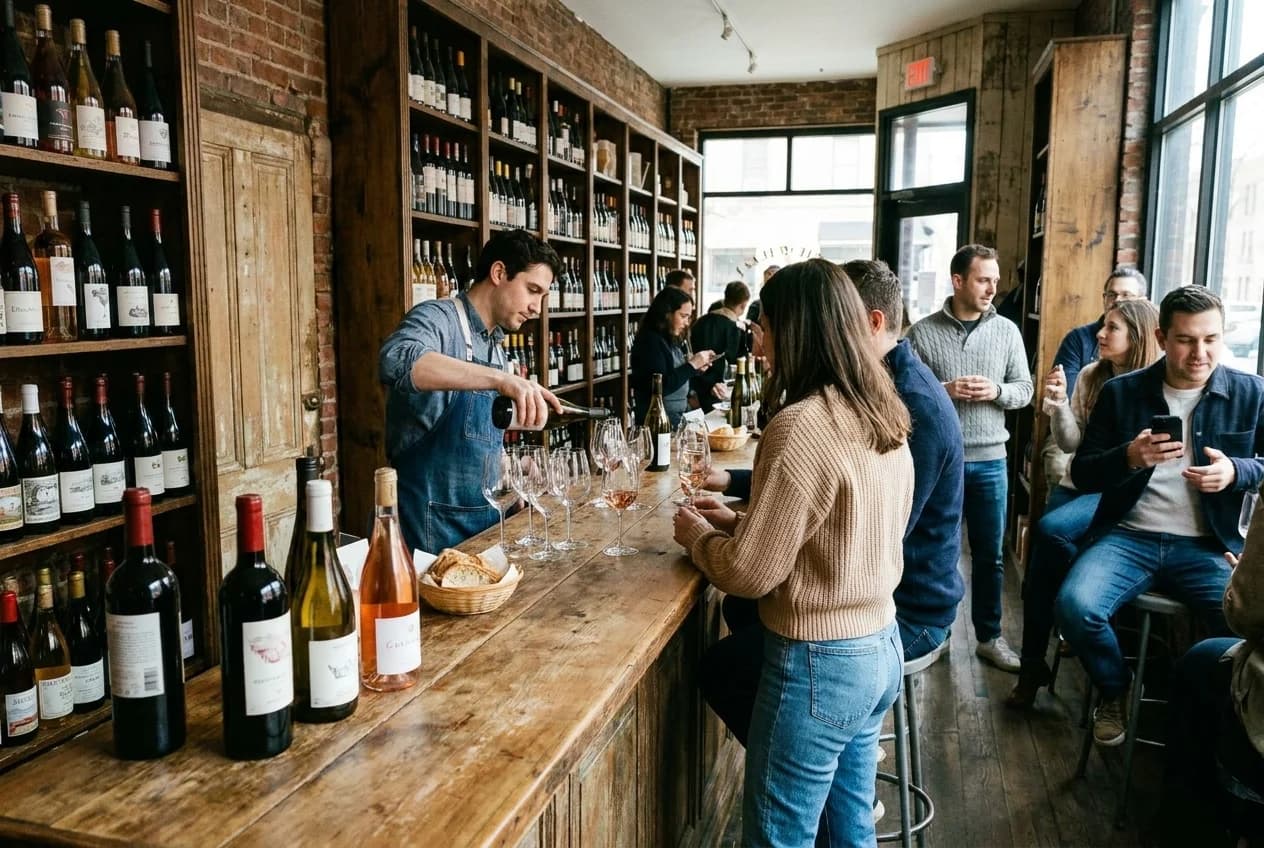 Wine tasting counter with open bottles and glasses at a Williamsburg bottle shop