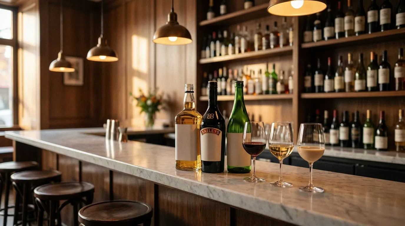 A small San Francisco wine bar in early evening, a marble counter with three tasting glasses lined up, open bottles behind and warm light from low pendant lamps