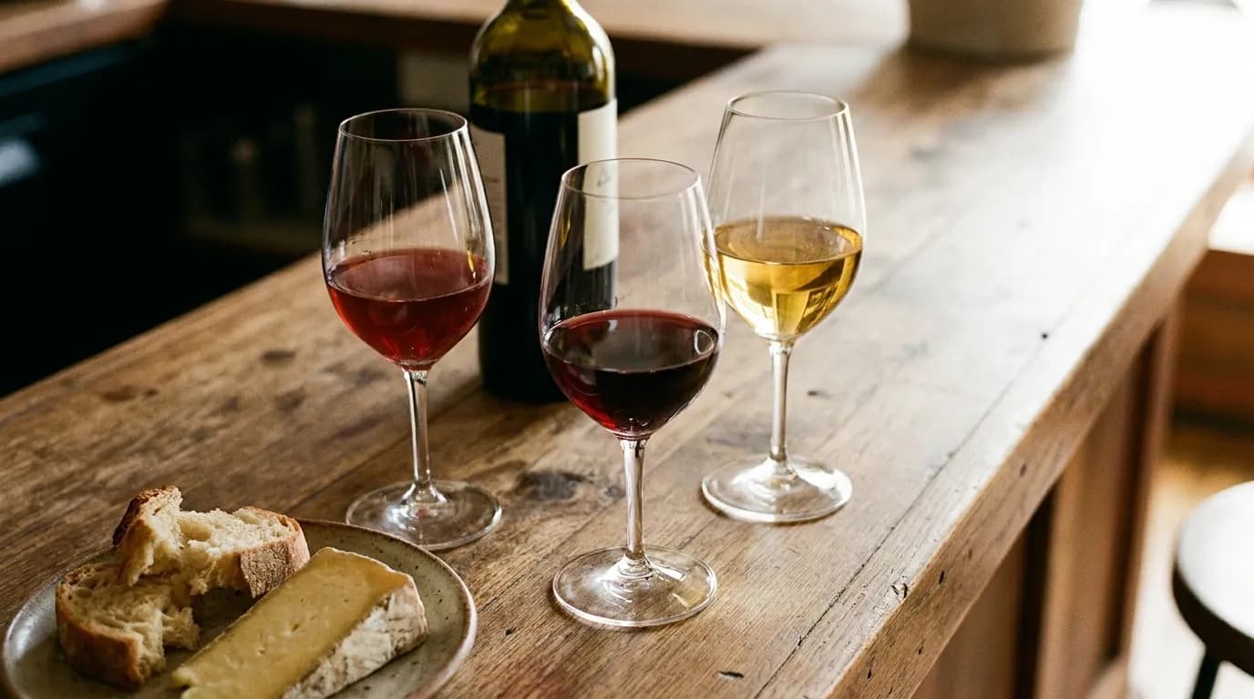 Three tasting glasses on a wooden bar top with different depths of red and white, an open bottle behind them and a small plate of cheese and bread at the edge of frame