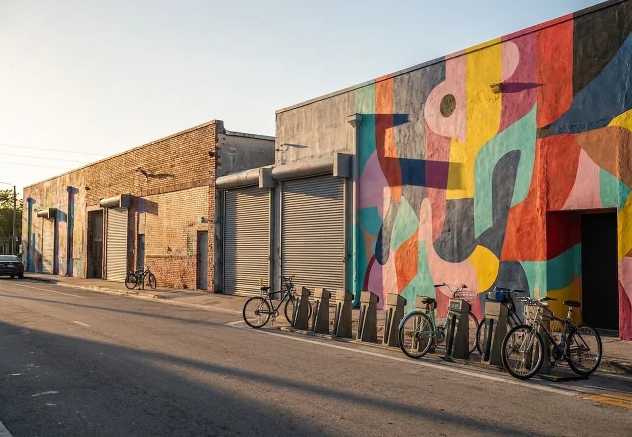 A warehouse district street with painted murals in warm evening light