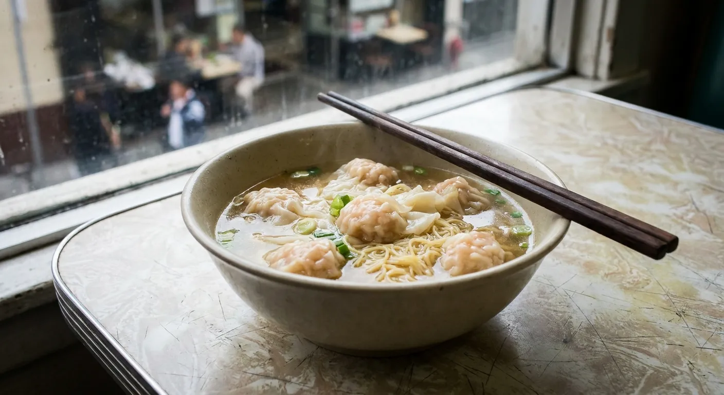 A bowl of Cantonese wonton noodle soup with shrimp wontons and thin egg noodles, chopsticks resting on the rim