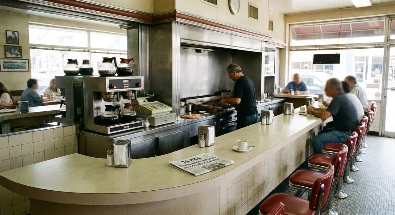 Woodside Cafe's counter stools when the 7 train regulars stop for eggs