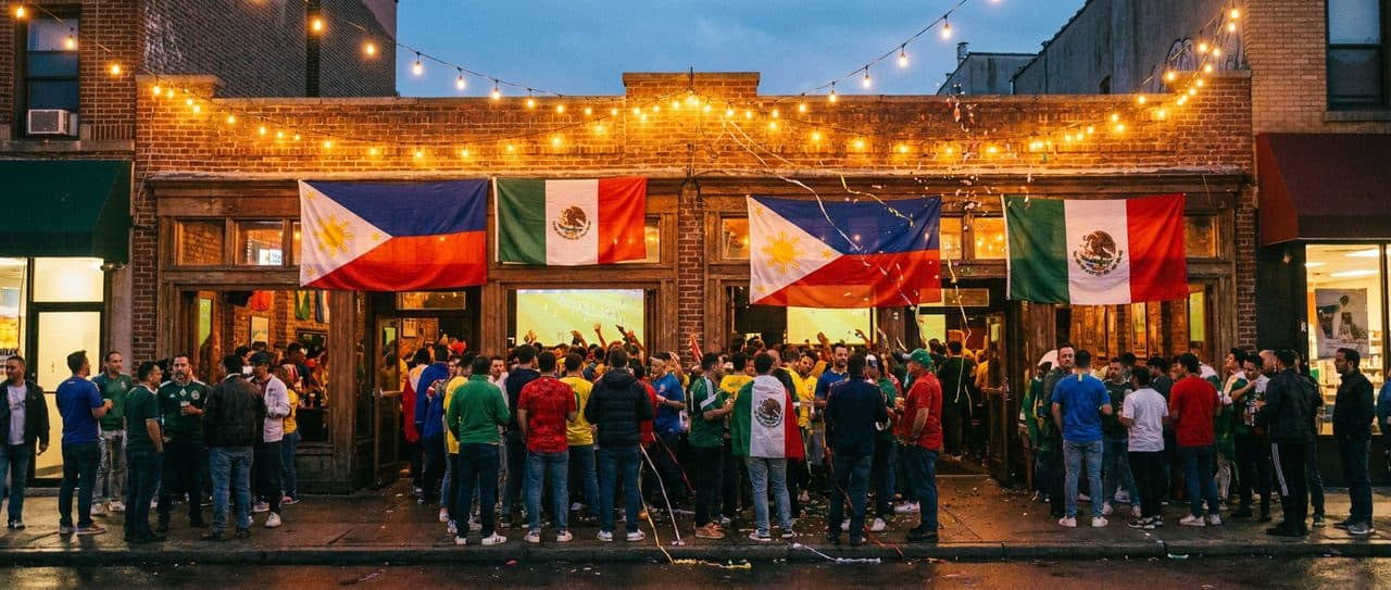 Woodside Bars During the FIFA World Cup 2026, Crossed Flags and a Shared Table - cover