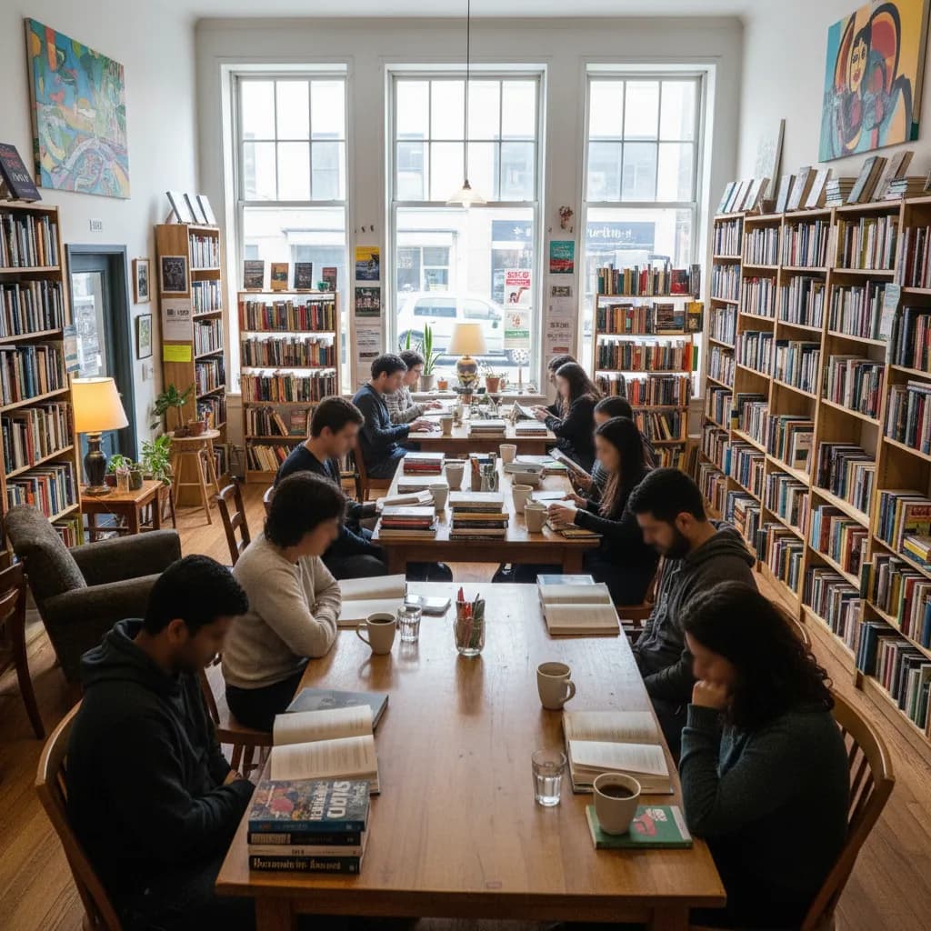Editorial-style realistic scene inspired by Word Up Community Bookshop in New York.