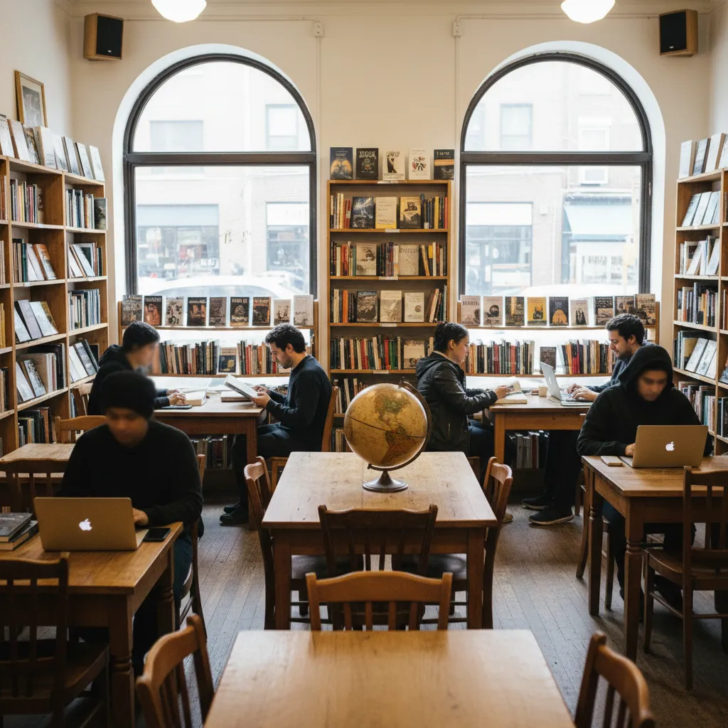 Editorial-style detail scene for Word Up Community Bookshop in New York.