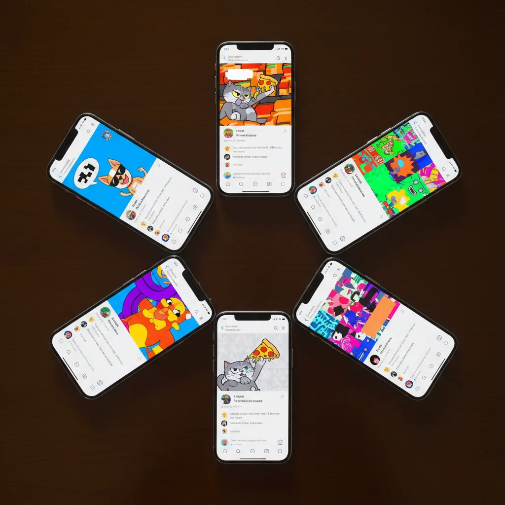 Multiple smartphones arranged in a circle showing colorful social media feeds with meme content