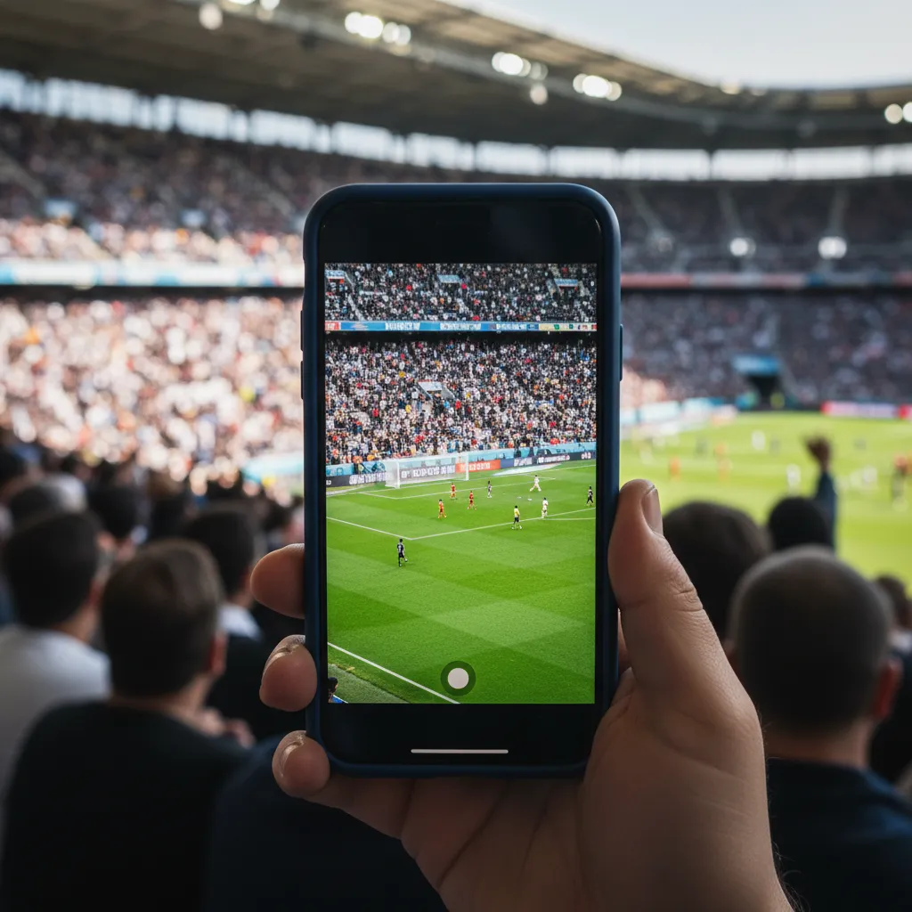 A smartphone held up to film a soccer match from the stands with the pitch visible on screen
