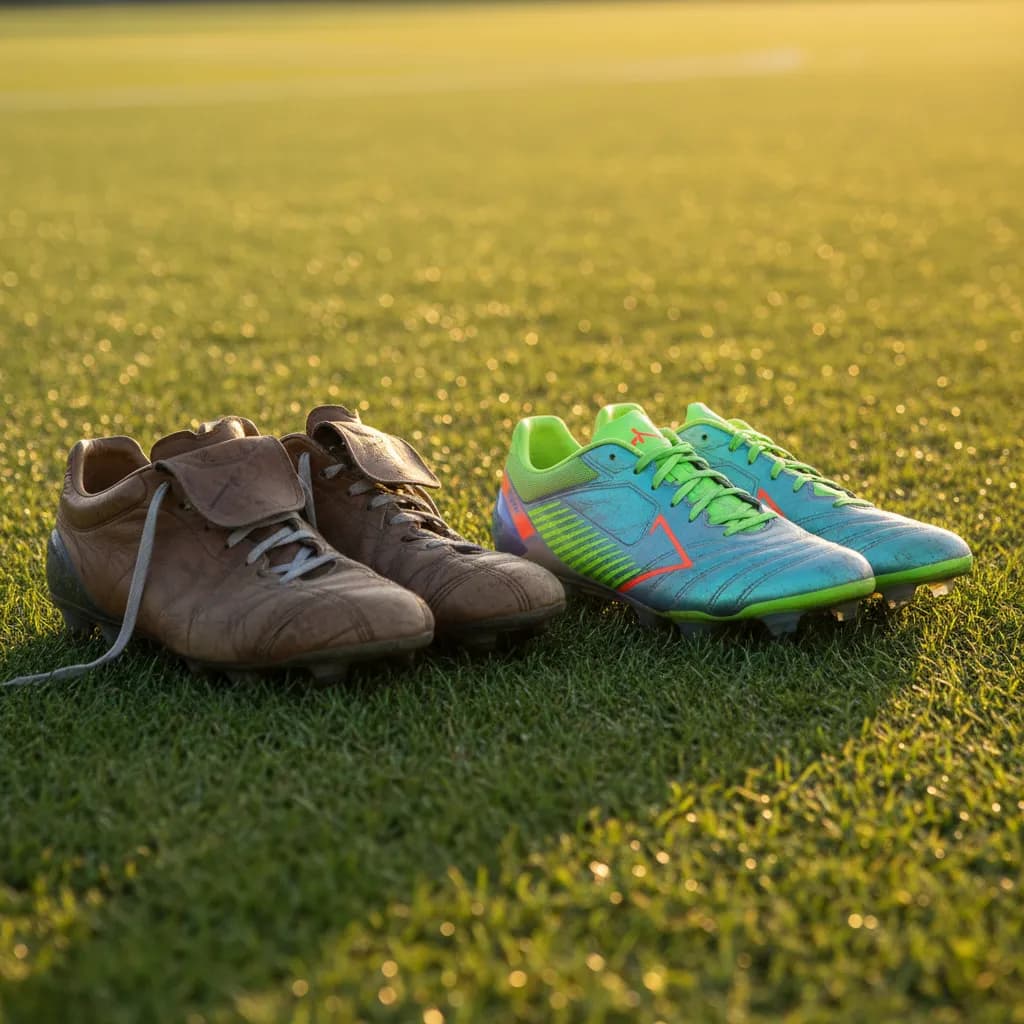 Old leather and modern neon soccer boots sit side by side symbolizing generations