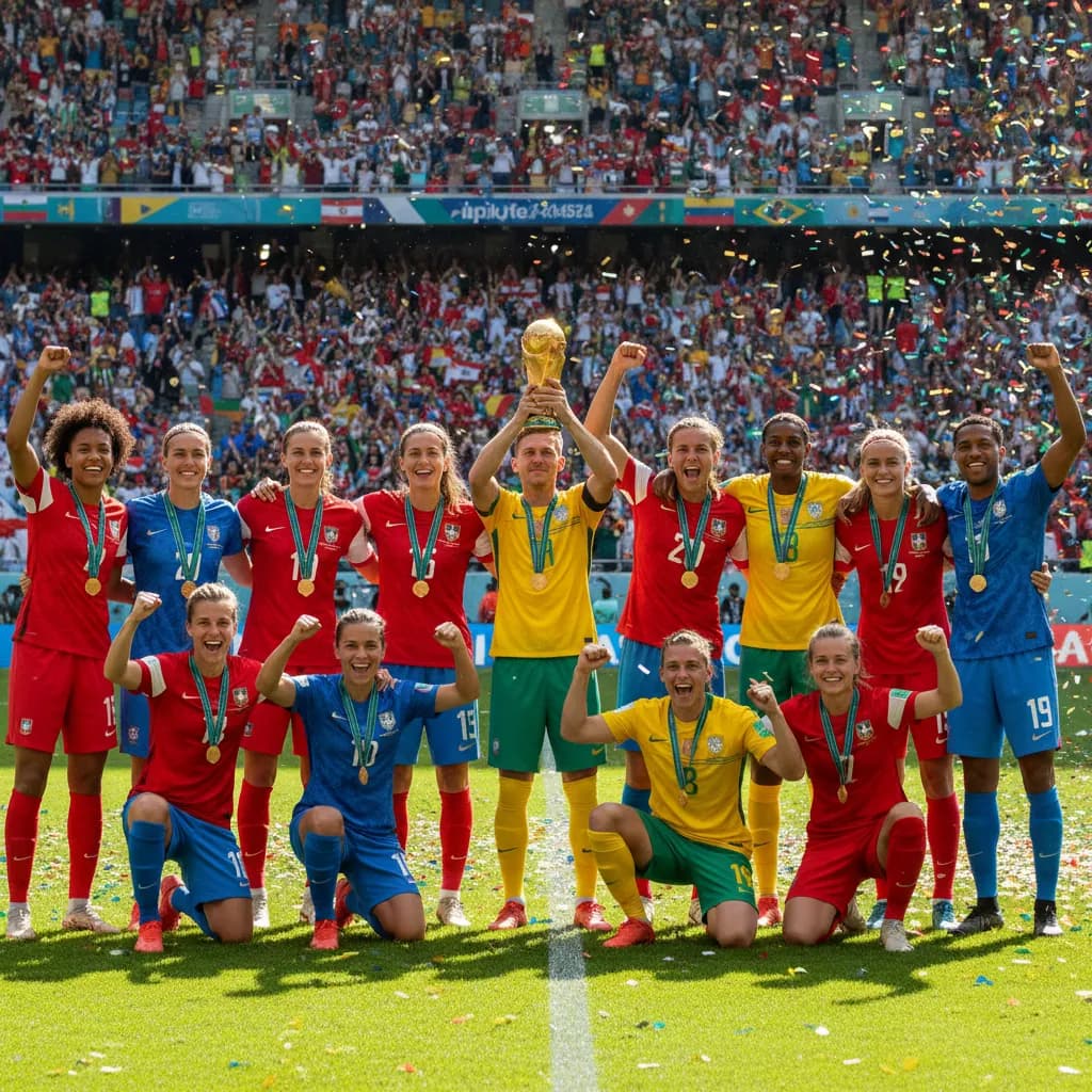 Eleven footballers from different nations posing on a sunlit pitch