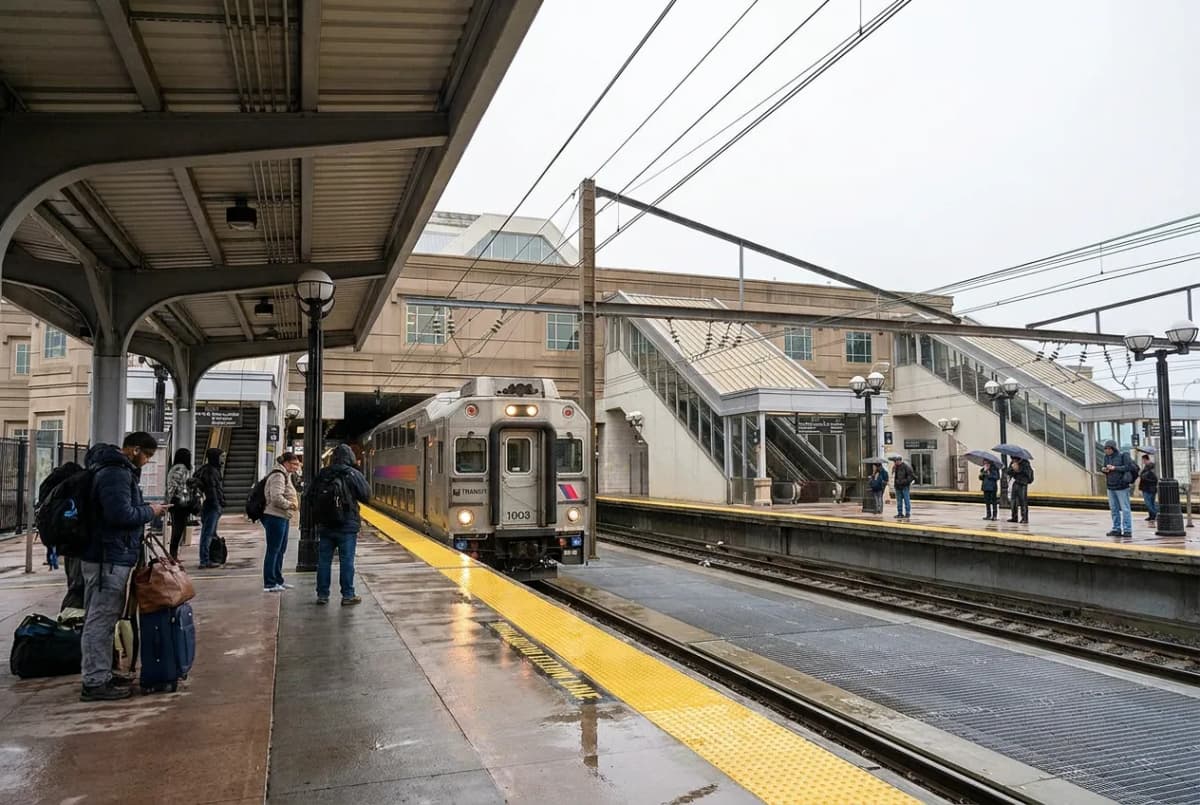 An NJ Transit commuter train at an open-air station platform with travelers waiting to head to the stadium