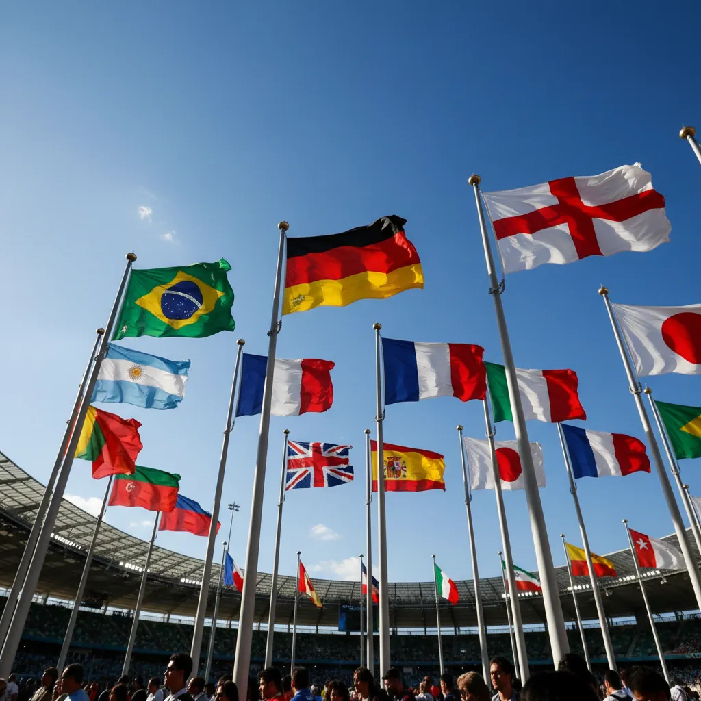 National flags flutter at a World Cup venue under blue sky