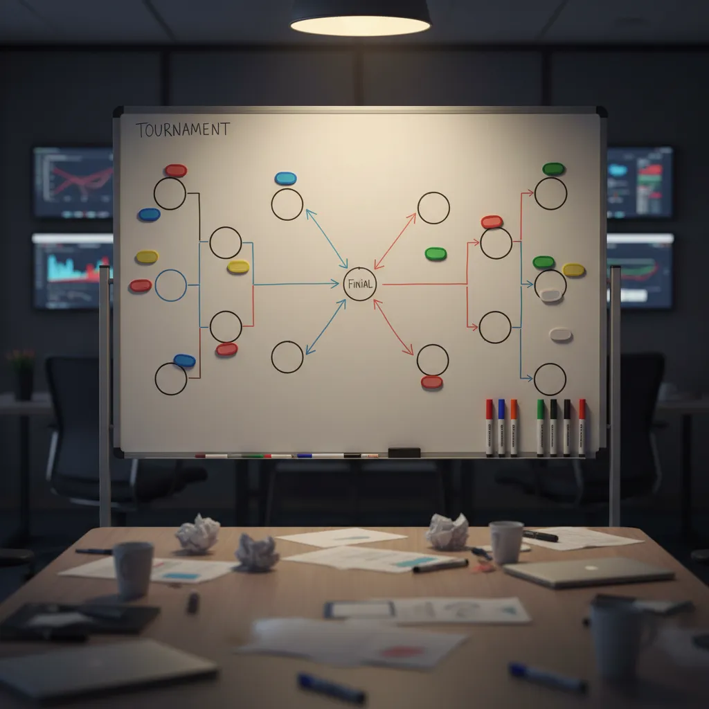 A tournament bracket drawn on a whiteboard with eight team positions and arrows to the final