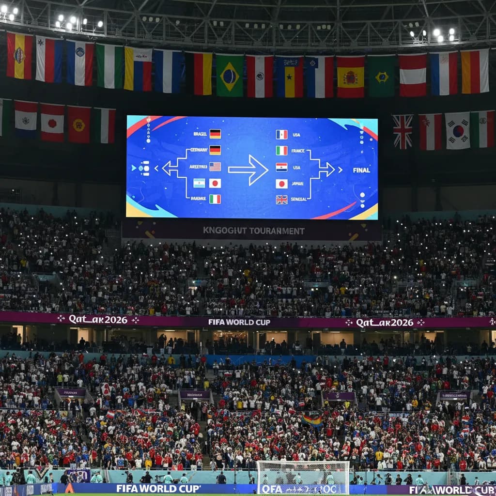 Stadium jumbotron showing the knockout bracket above a packed crowd