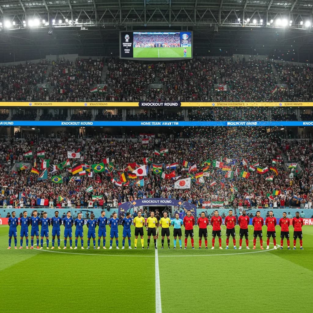 Stadium jumbotron showing the knockout bracket above a packed crowd