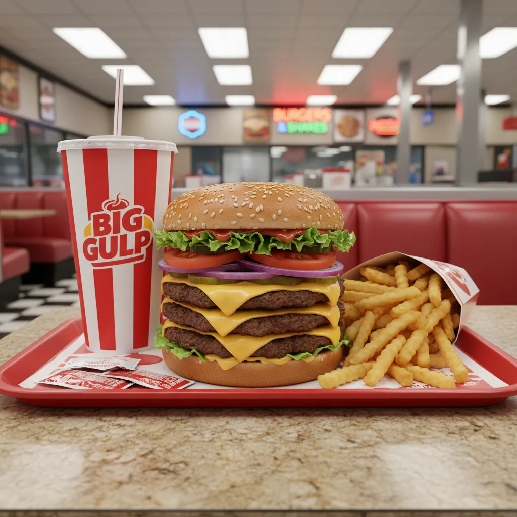 An enormous American fast food meal on a red tray including a large burger, oversized fries, and a giant soda