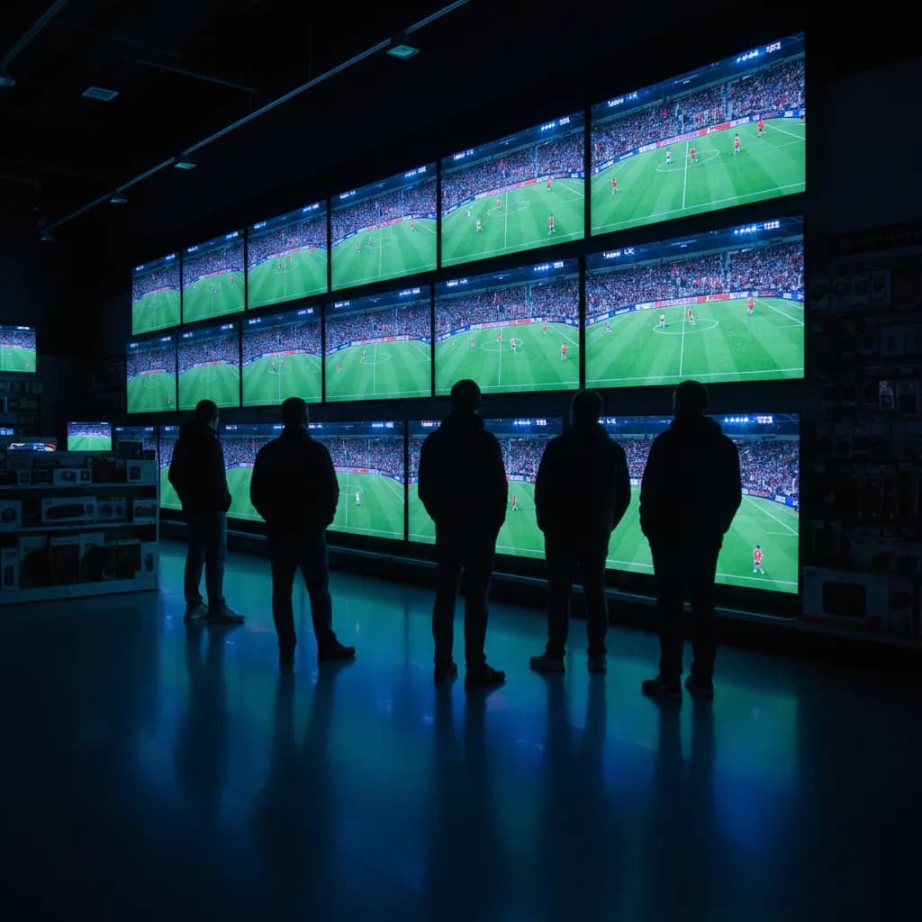 Multiple TV screens display the same World Cup match in an electronics store