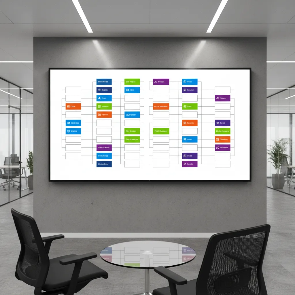 A tournament bracket displayed on a large screen in a tech office