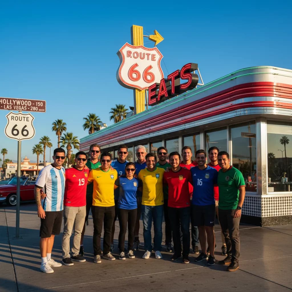 International World Cup fans posing beside a classic American diner