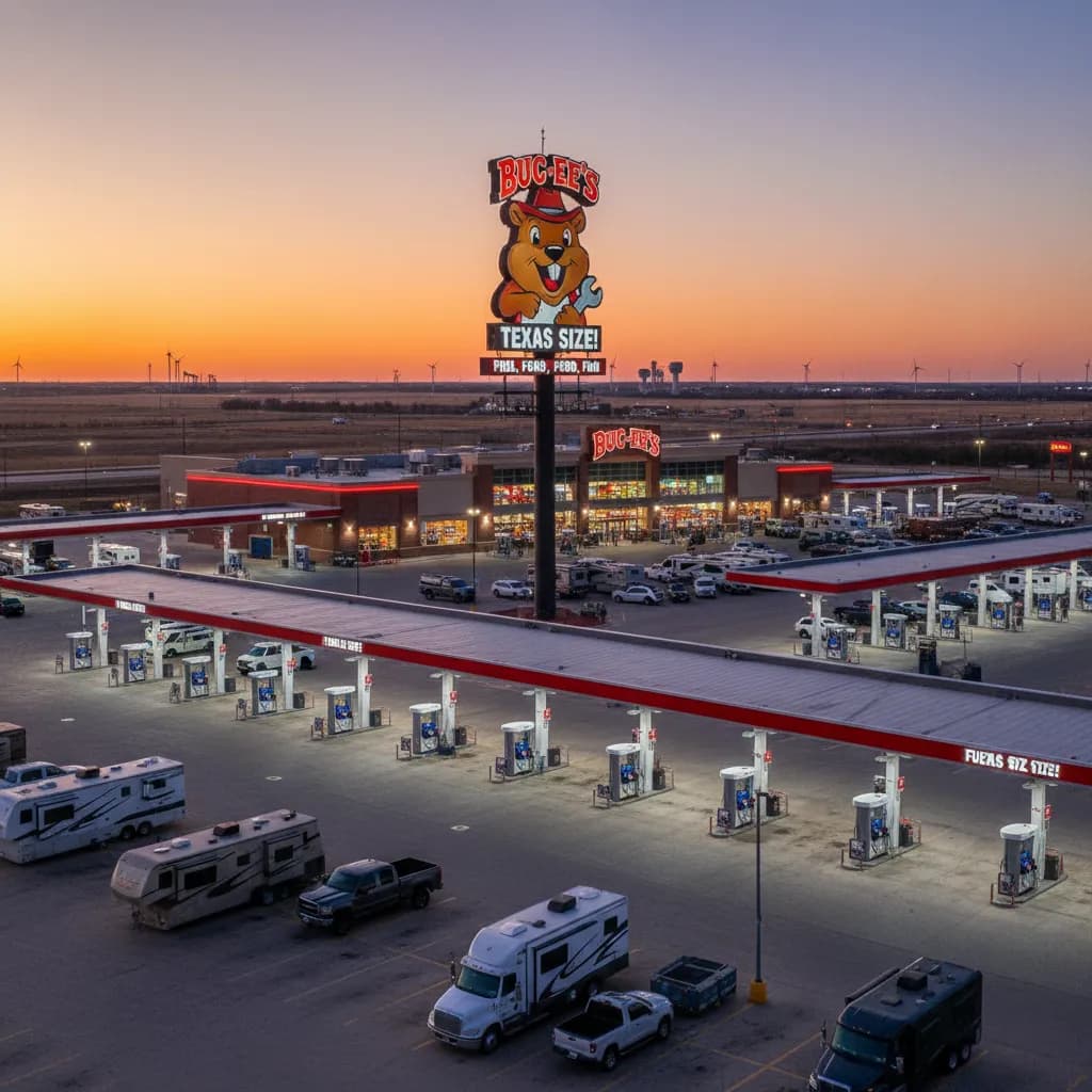 A massive Texas gas station complex at dusk with hundreds of pumps and a beaver mascot sign