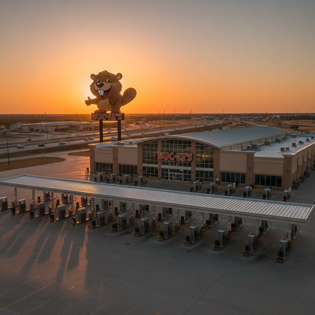 Buc-ee's travel center at sunset representing international fans' American discoveries