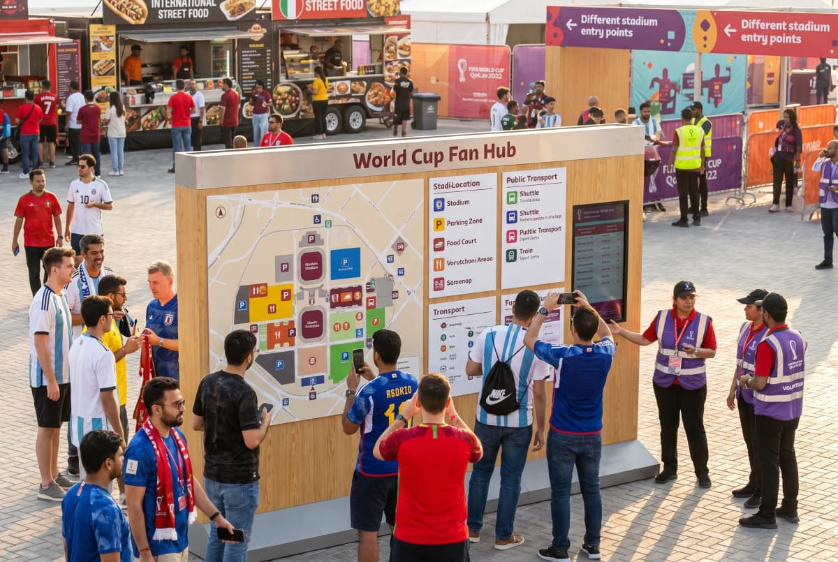 A bright practical scene for world cup fan hub scores stadiums food and parking.