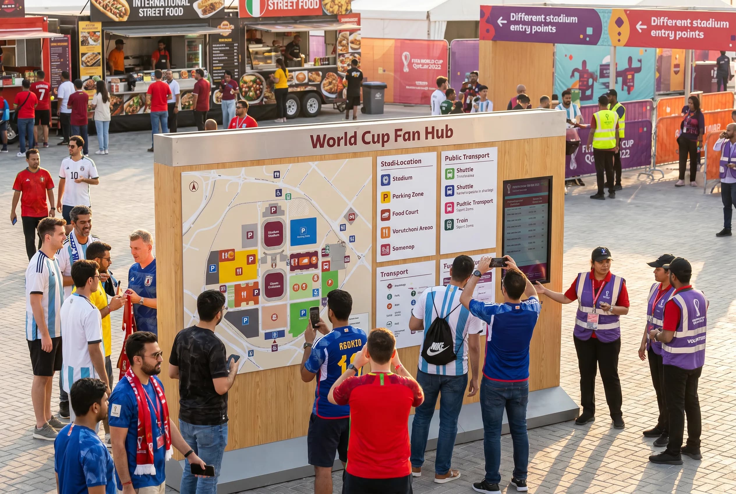A bright practical scene for world cup fan hub scores stadiums food and parking.