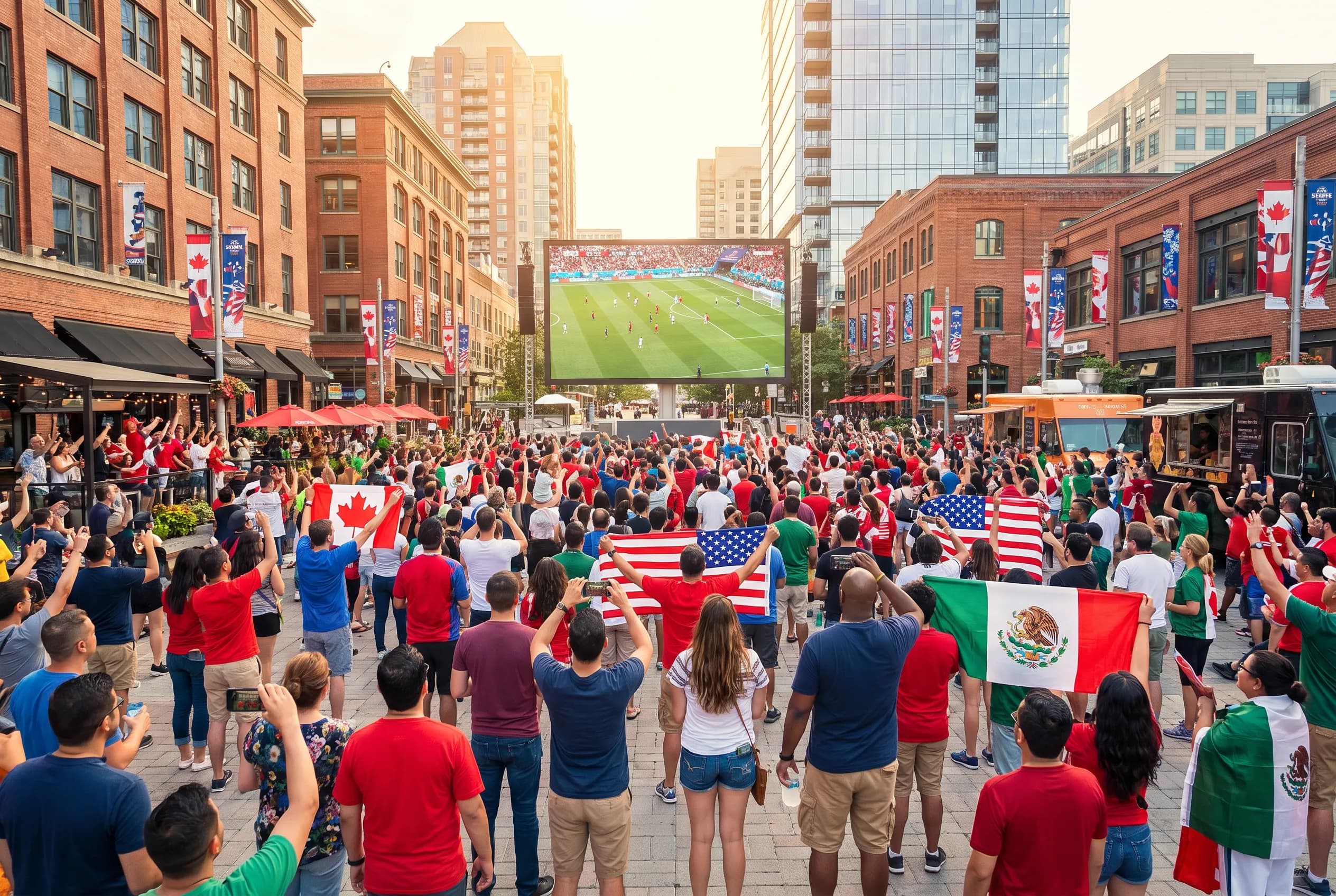 World Cup supporters navigating United States · Canada · Mexico during match day.