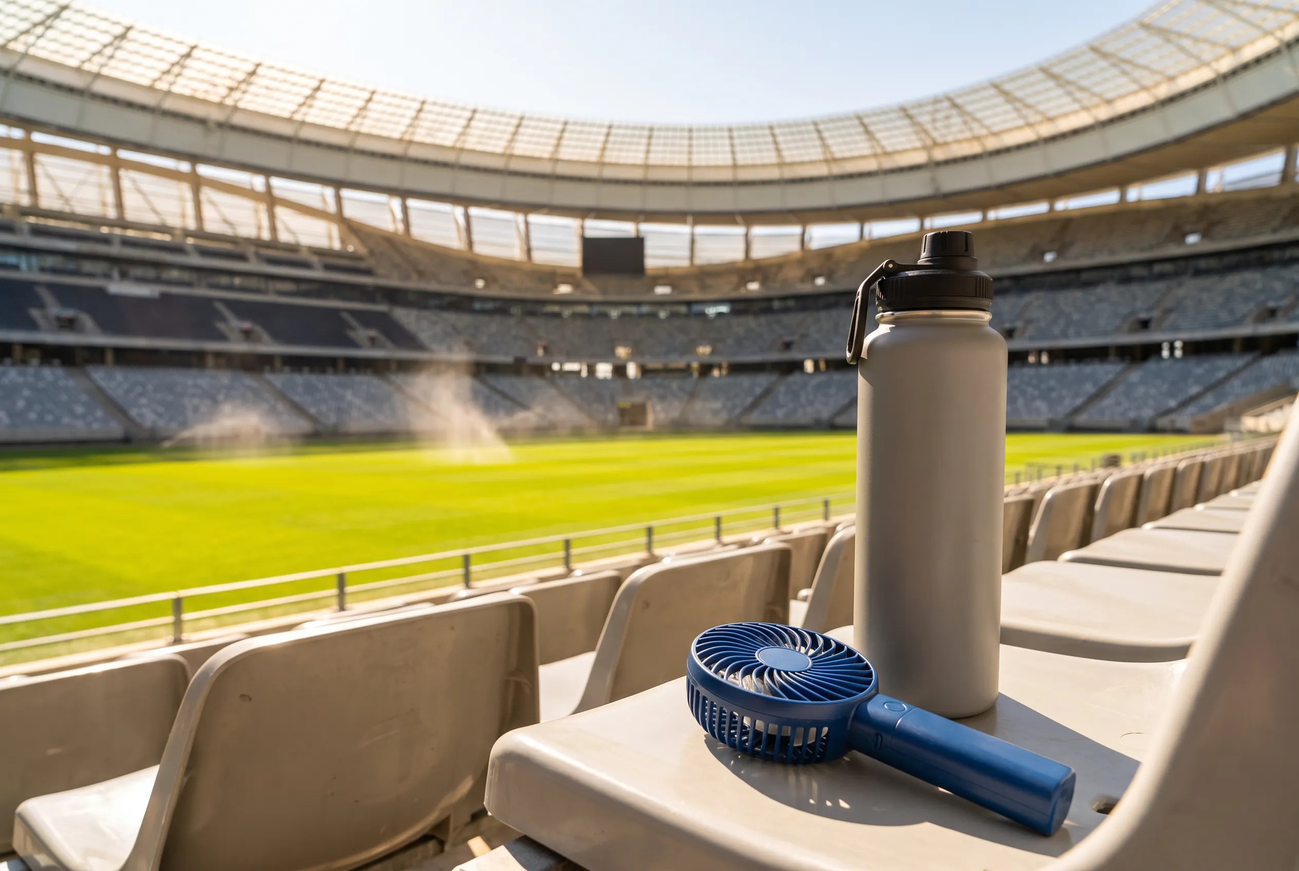 A bright practical scene for metlife final heat advisory hydration and queue safety.