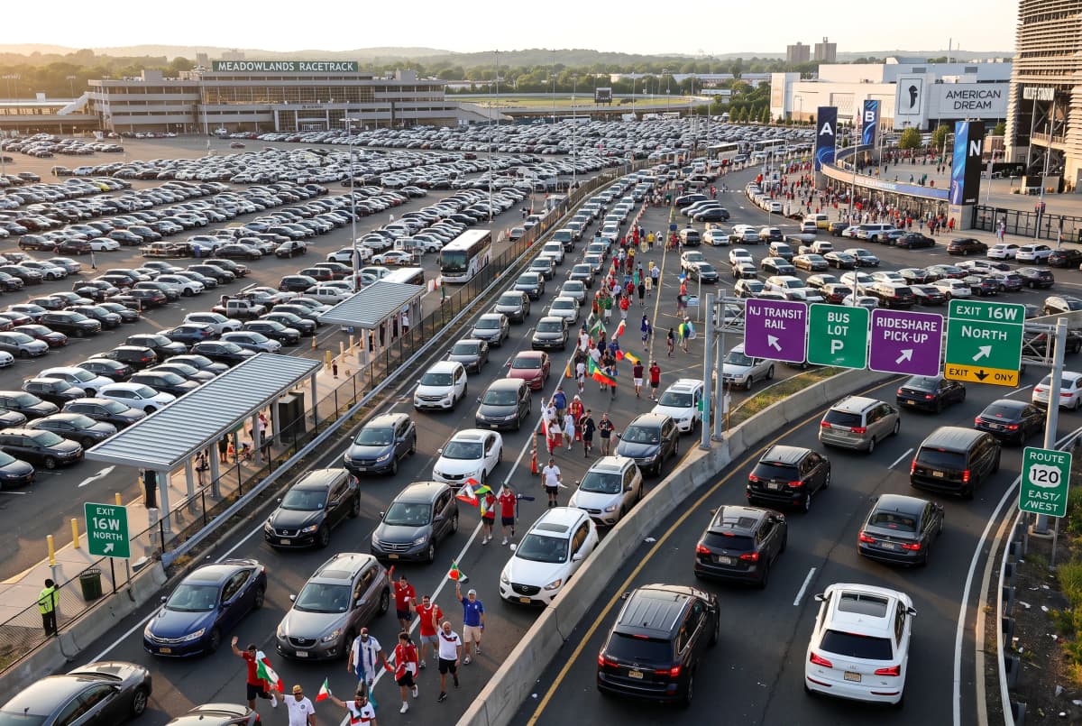 Bright World Cup match-day scene in East Rutherford · New Jersey.