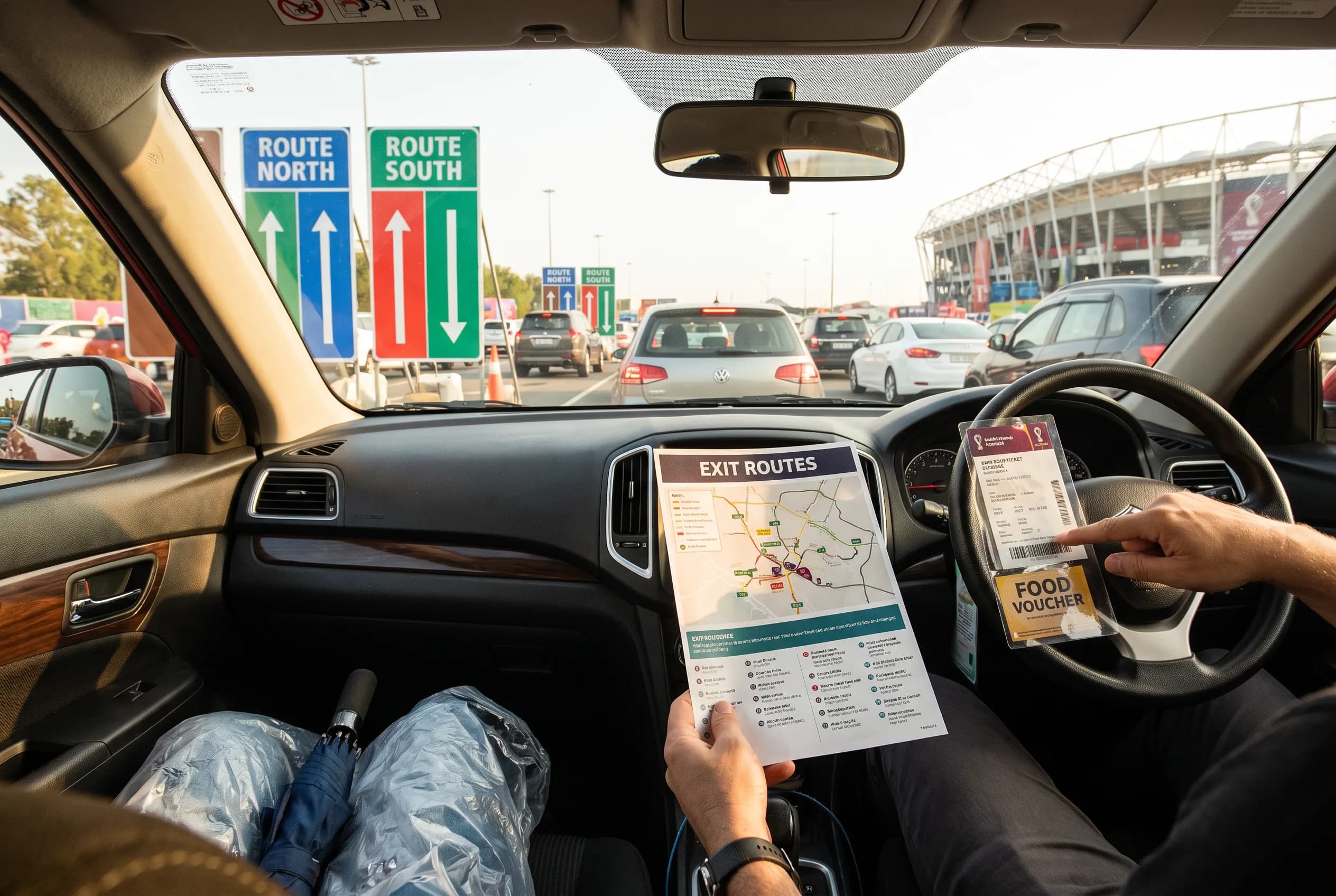 A bright practical scene for world cup final parking exit routes by travel direction.