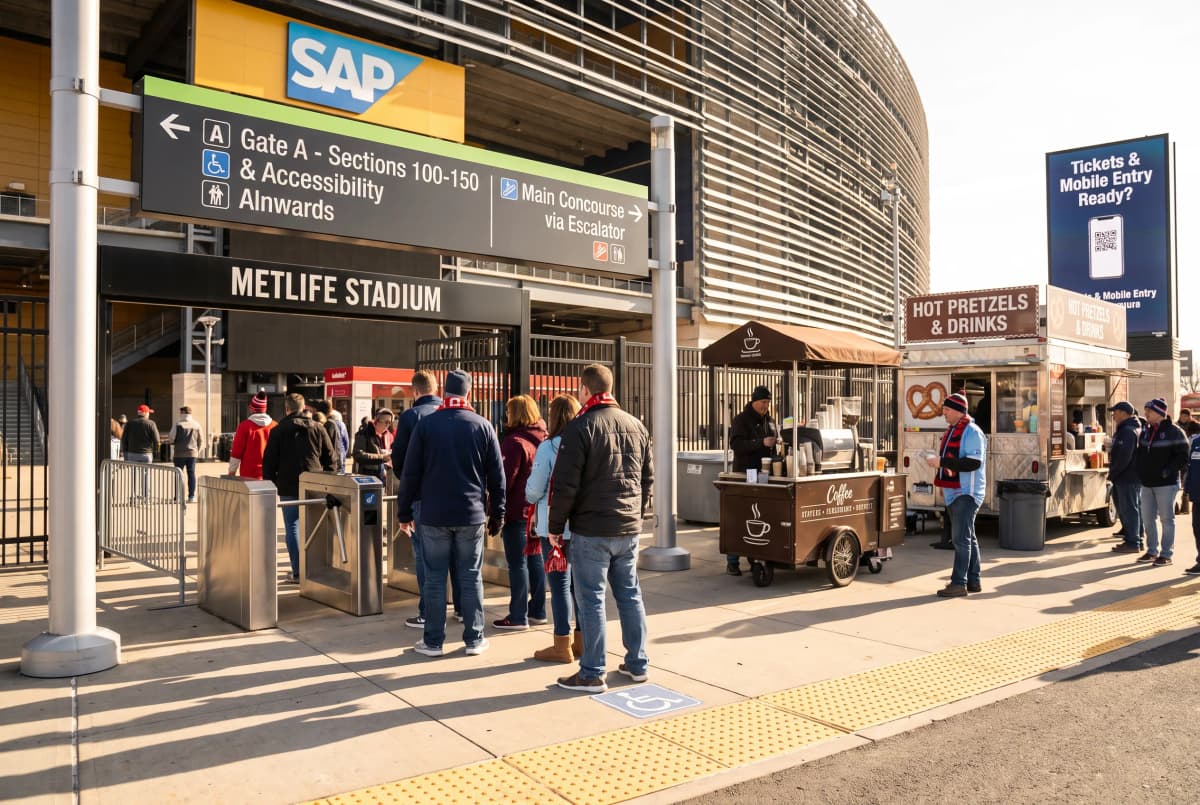 A bright practical scene for world cup final stadium gates seating and accessibility guide.