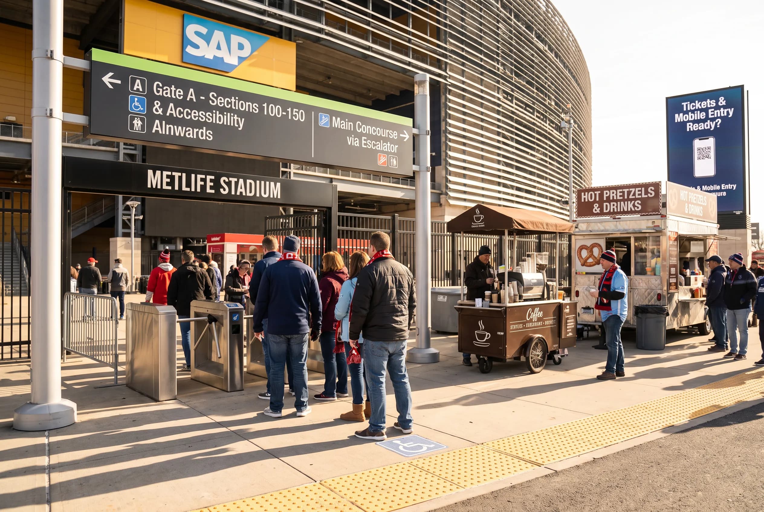 A bright practical scene for world cup final stadium gates seating and accessibility guide.